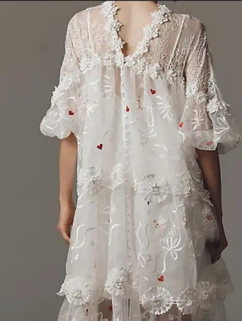 Maeve Sheer White Lace Embroidered Chemise with Red Heart Accents - Picture 2 of 6